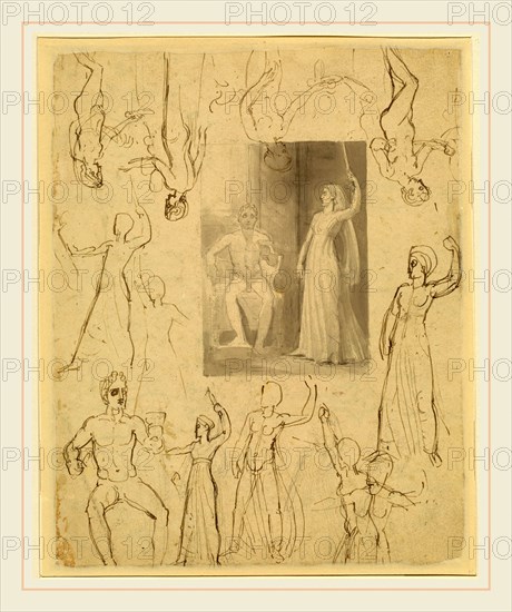 Thomas Stothard, Design for a Book Illustration and Related Studies [recto], British, 1755-1834, pen and gray and brown ink with gray wash over graphite on wove paper