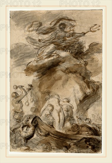 Jean-Honoré Fragonard, Angelica Is Exposed to the Orc, French, 1732-1806, 1780s, black chalk with brown and gray wash on laid paper