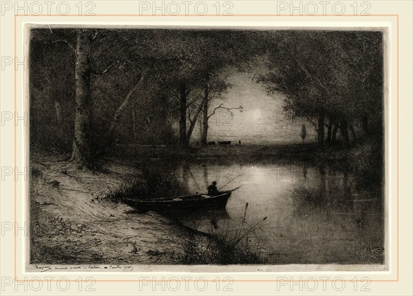 Adolphe Appian, PÃªcheur en Canot, au bord d'une RiviÃ¨re (Fisherman in a Boat), French, 1818-1898, 1887, etching with monotype on china paper