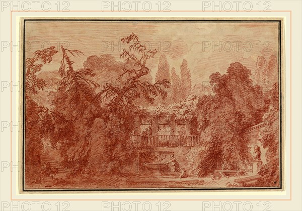 Jean-Honoré Fragonard, French (1732-1806), Terrace and Garden of an Italian Villa, 1762-1763, red chalk over traces of black chalk on laid paper