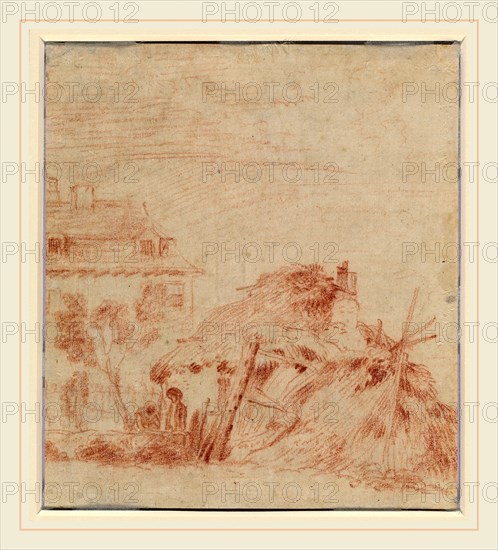 Antoine Watteau, French (1684-1721), View of a House, a Cottage, and Two Figures [verso], 1718-1719, red chalk on laid paper