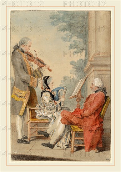 Louis Carrogis, called Carmontelle, Monsieur and Madame Blizet with Monsieur Le Roy the Actor, French, 1717-1806, c. 1765, watercolor and gouache over red and black chalks with touches of graphite on laid paper; laid down