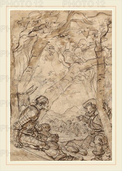 Jean-Honoré Fragonard, Don Quixote and Sancho Panza Witness the Attack on Rocinante, French, 1732-1806, 1780s, black chalk with gray and brown wash on laid paper