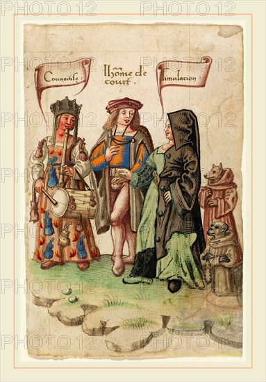 French early 16th century, A Courtier Standing Between Covetousness and Dissimulation [fol. 14 recto], 1512-1514, pen and brown ink with watercolor on laid paper