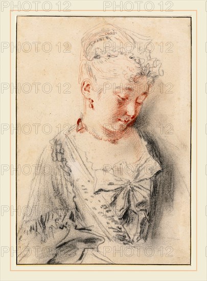 Antoine Watteau, Seated Woman Looking Down, French, 1684-1721, c. 1720-1721, red and black chalk with stumping on laid paper, with later framing line in brown ink