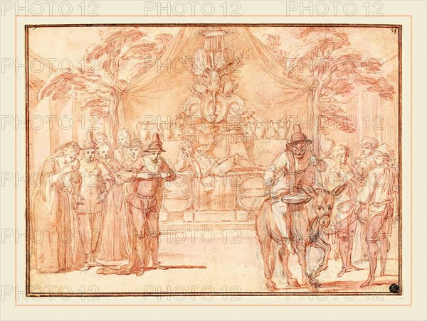 Claude Gillot, Scene from "The Tomb of Master André", French, 1673-1722, c. 1705-1708, red chalk with light mauve, sanguine, and brown wash with pen and black ink, corrected with white gouache, over graphite on laid paper, with a border line by the artist in red chalk, partially obscured by later double framing lines in pen and dark brown ink, mounted on an old album sheet