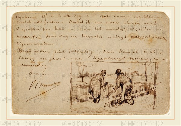 Vincent van Gogh, Postcard with Two Peasants Digging, Dutch, 1853-1890, 1885, pen and brown ink on a postcard