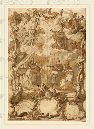 Gottfried Eichler the Younger, German (1715-1770), A Thesis Design with Doctors of the Church, 1747, pen and dark brown ink with brown and gray wash on laid paper