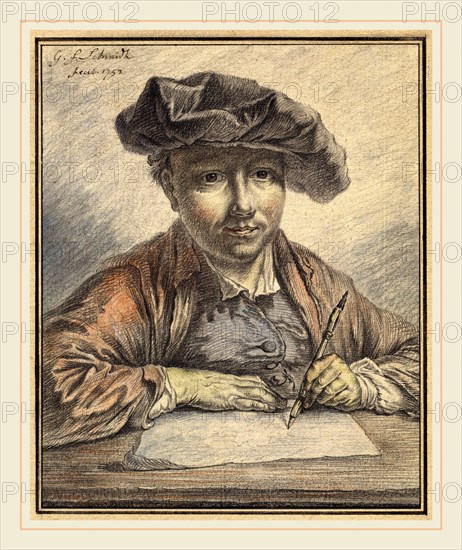 Georg Friedrich Schmidt, German (1712-1775), Self-Portrait Sketching, 1752, black and red chalk with watercolor and pastel and pen and black ink