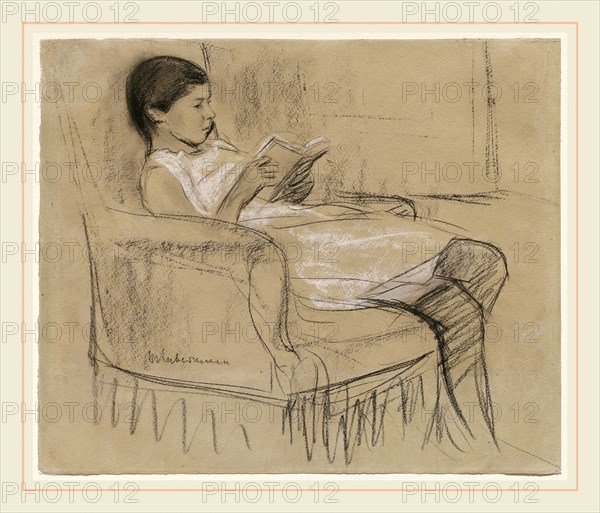 Max Liebermann, German (1847-1935), The Artist's Daughter KÃ¤the Reading in a Chair, 1893-1895, black chalk heightened with white on greenish wove paper