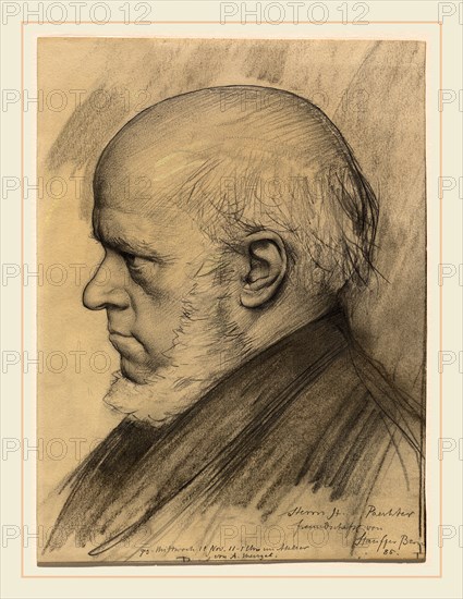 Karl Stauffer-Bern, German (1857-1891), Adolph Menzel, 1885, charcoal and graphite touched with yellow pastel, on tan wove paper, incised for transfer