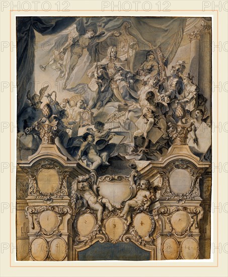 Johann Evangelist Holzer, German (1709-1740), The Arts and Powers Pay Homage to Emperor Charles VI, 1732, pen and brown ink with gray wash, heightened with white, and blue-gray oil paint on brown laid paper