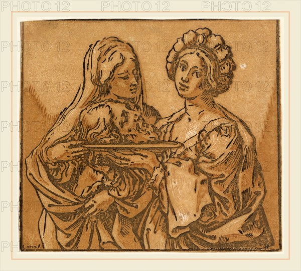 Bartolomeo Coriolano after Guido Reni, Italian (active 1627-1653), Herodias and Salome, 1631, chiaroscuro woodcut printed in ochre, brown, and black on laid paper