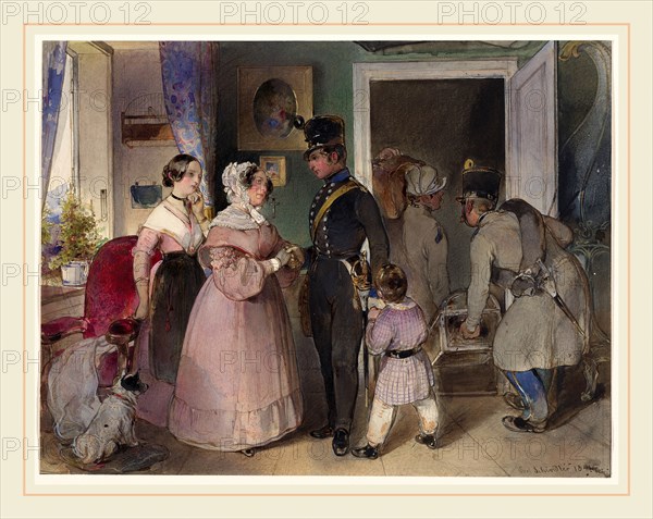 Carl Schindler, German (1821-1842), A Young Officer Saying Farewell to His Family, 1841, watercolor and gouache over graphite, partially varnished, on wove paper