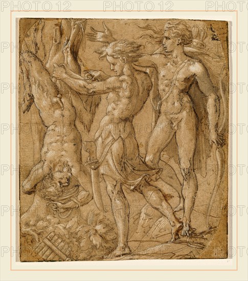 Bernardino Campi, Italian (1522-1595), The Flaying of Marsyas, pen and brown and black ink with brown wash, heightened with white gouache, on brown prepared laid paper