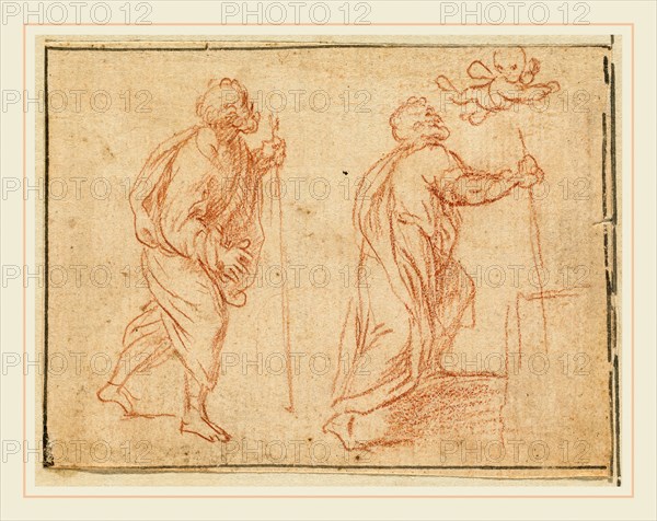 Agostino Masucci, Italian (1691-1758), A Cherub Pointing the Way for Two Biblical Figures, red chalk on laid paper