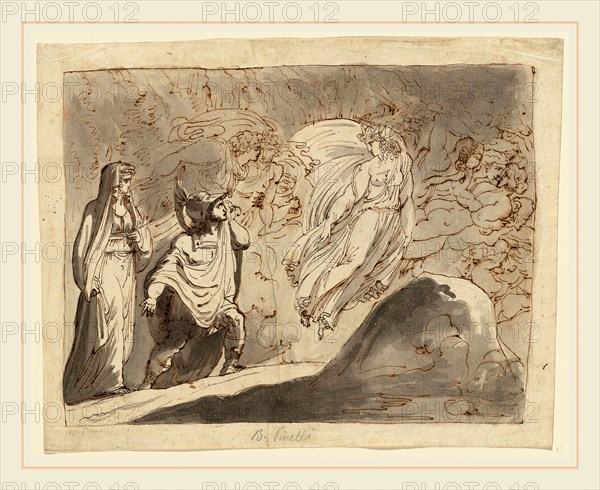 Bartolomeo Pinelli, Italian (1781-1835), Aeneas in the Underworld, pen and brown ink with gray and brown wash over black chalk on laid paper