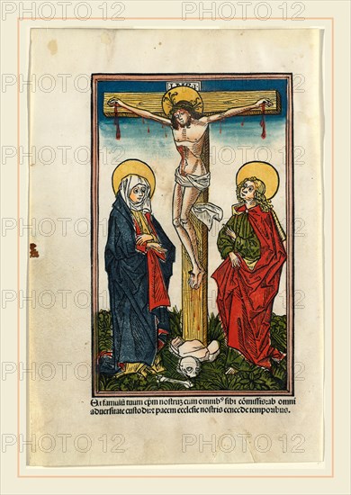 German 15th Century (Augsburg), Christ on the Cross with the Virgin and Saint John, 1491, color woodcut, printed in black, red, blue, brown, olive, and yellow on vellum, and hand-colored in blue, pinkish beige, and some touches of red on vellum