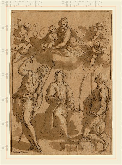 Jacopo Palma il Giovane, Italian (1544 or 1548-1628), Madonna and Child in Glory with Saints John the Baptist and Stephen and a Martyr Saint, pen and brown ink over black chalk with brown wash and chalk on laid paper