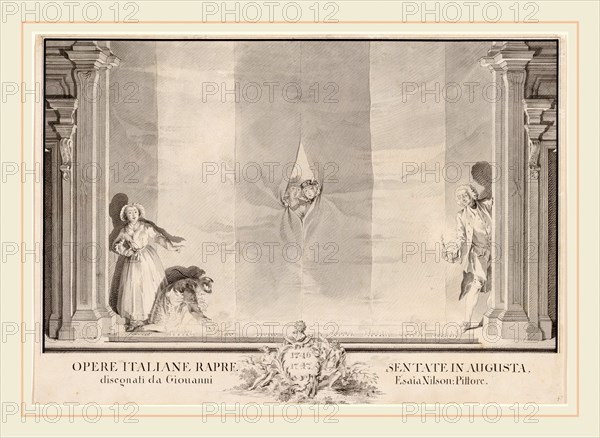 Johann Esaias Nilson, Two Actors Peeking through a Theater Curtain while Others Prepare the Footlights, German, 1721-1788, pen and gray ink with gray wash on laid paper