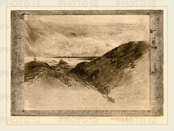 Félix-Hilaire Buhot, La Falaise: Baie de Saint-Malo (The Cliff: Saint-Malo Bay), French, 1847-1898, 1886-1890, heliogravure, etching, drypoint, roulette, and spit-bite in gray-green (central plate) and black (margin plate) on wove paper
