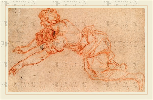 Charles de La Fosse, Young Woman Kneeling and Reaching Forward [verso], French, 1636-1716, c. 1698, red and black chalk heightened with white chalk on light brown laid paper