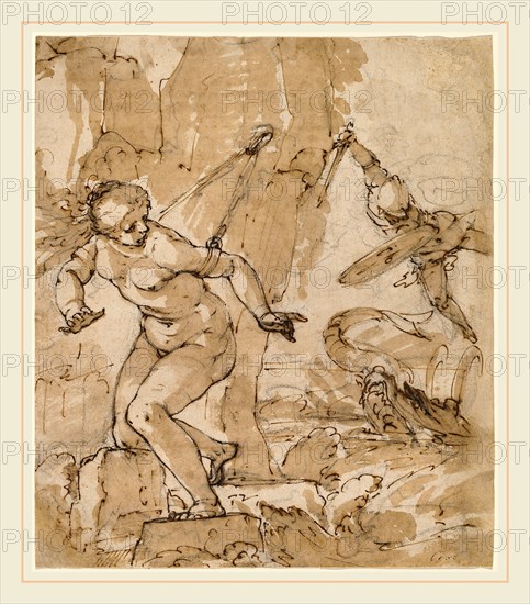 Bartolommeo Gagliardo, Perseus and Andromeda, Italian, 1555-c. 1626, pen and brown ink with brown wash over black chalk on laid paper