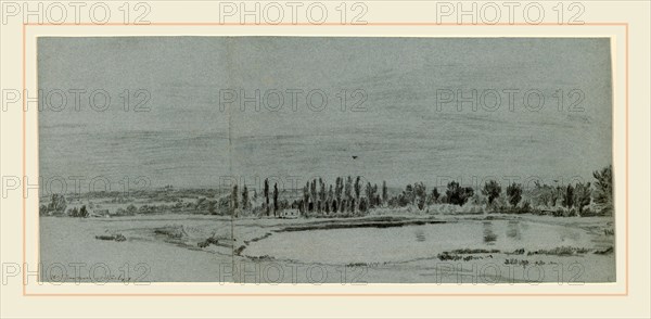 William Turner of Oxford, Extensive Landscape with a Pond, British, 1789-1862, charcoal with touches of white heightening on two joined sheets of blue wove paper