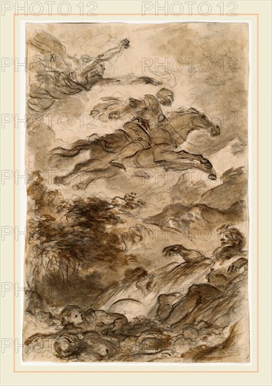 Jean-Honoré Fragonard, Rinaldo, Astride Baiardo, Flies Off in Pursuit of Angelica, French, 1732-1806, c. 1795, black chalk with brown wash and touches of pen andbrown ink on laid paper