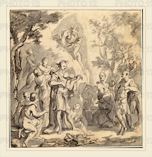 Johann Spillenberger, German (1628-1679), The Contest between Apollo and Pan before King Midas, c. 1670, pen and gray ink with gray wash on laid paper