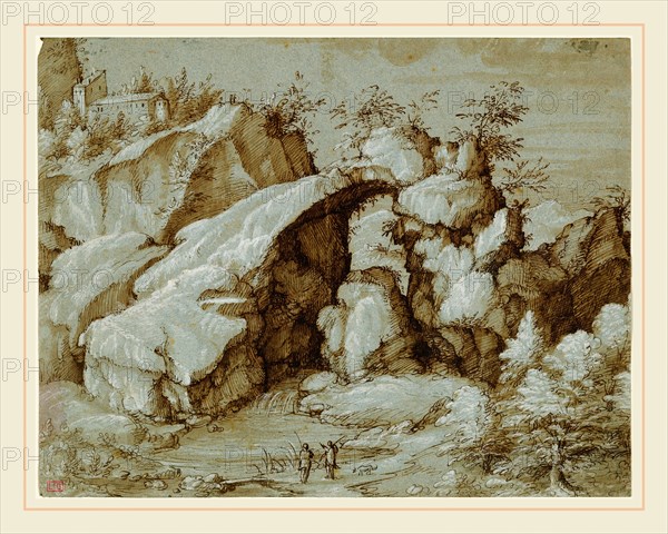 Gherardo Cibo, Italian (1512-1600), Rocky Landscape with a Natural Arch, 1550-1580, pen and brown ink with brown wash, heightened with white gouache on blue paper