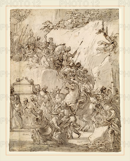 Nicola Malinconico, Italian (1663-1721), The Transport of the Ark of the Covenant, late 1680s, pen and brown ink with gray wash over graphite, with both corners at bottom and small pieces along bottom and right margins replaced