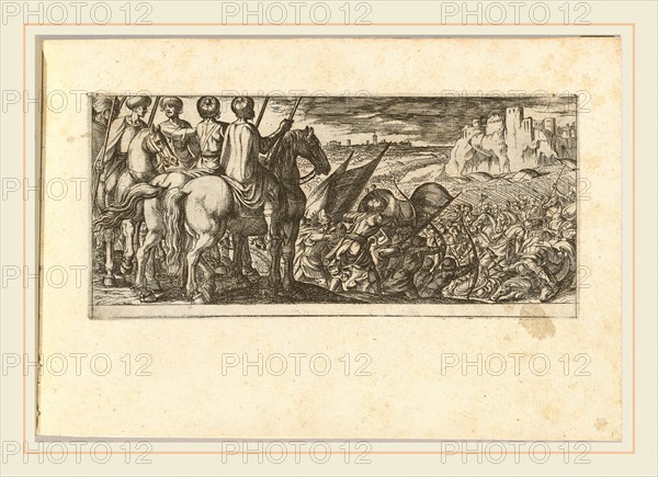 Antonio Tempesta, Italian (1555-1630), Battle Scene with Cavalry Observing from a Hill, etching