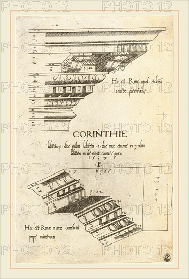 Master PS (Italian (?), active 1535-1537), Entablatures from Santa Pudenziana and the Arch of Camigliano, Rome, 1537, engraving