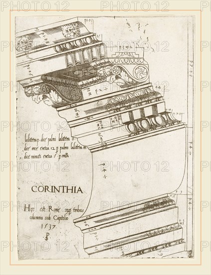 Master PS (Italian (?), active 1535-1537), Entablature from the Temple of Vespasian, Rome, 1537, engraving