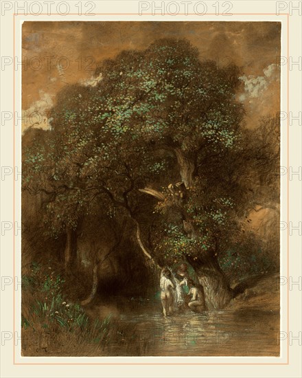 Constant Troyon, French (1810-1865), Bathers by a Giant Oak, c. 1842-1844, charcoal and gouache on brown wove paper