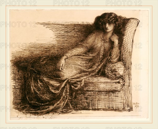 Dante Gabriel Rossetti, Jane Morris, British, 1828-1882, 1870, pen and iron gall ink with brown wash on laid paper; laid down on paperboard