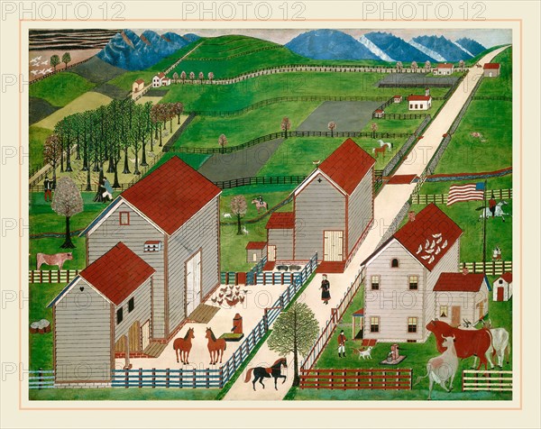 American 19th Century, Mahantango Valley Farm, late 19th century, oil on window shade