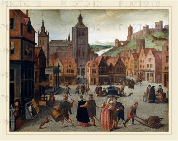 Attributed to Abel Grimmer, The Marketplace in Bergen op Zoom, Flemish, c. 1570-1618-1619, probably 1590 and 1597, oil on panel