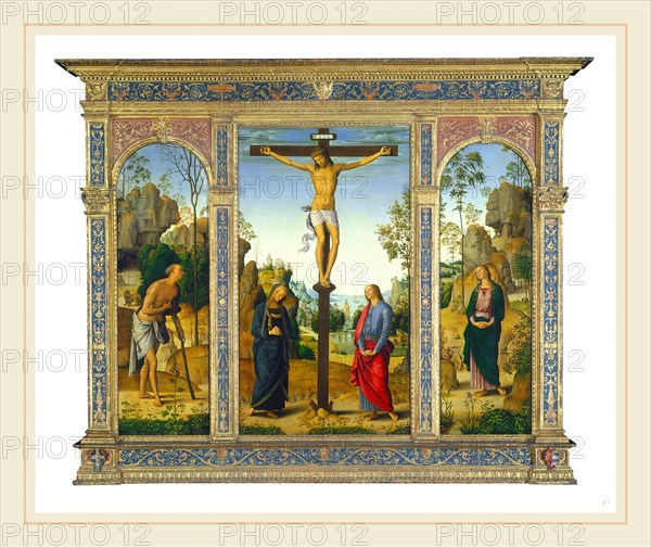 Pietro Perugino, The Crucifixion with the Virgin, Saint John, Saint Jerome, and Saint Mary Magdalene [middle panel], Italian, c. 1450-1523, c. 1482-1485, oil on panel transferred to canvas