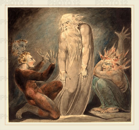 William Blake, British (1757-1827), The Ghost of Samuel Appearing to Saul, c. 1800, pen and ink with watercolor over graphite