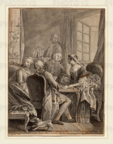 Anton Weiss, Austrian (1724-1784), A Game of Cards [recto], 1764, gray wash with touches of pen and brown ink over graphite on laid paper