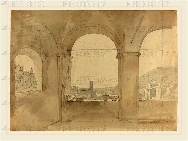 Leo von Klenze, German (1784-1864), Panorama of Tivoli from a Loggia, 1826, graphite with brown and blue washes on light green wove paper