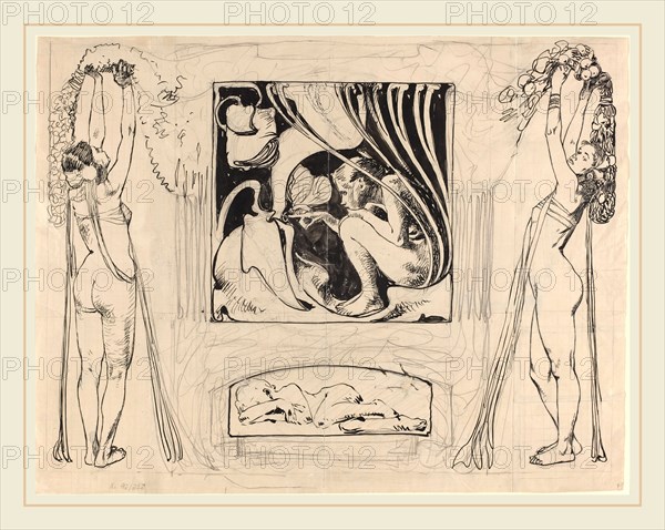 Koloman Moser, Austrian (1868-1918), Allegory of Summer, in or after 1896, pen and India ink with black wash and graphite on five sheets of thin graph paper; partially squaredin graphite