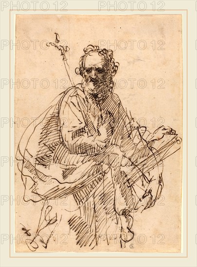 Francisco Herrera II (Spanish, 1622-1685), A Standing Saint with a Crucifix and a Book, 1660s, pen and iron gall ink on laid paper