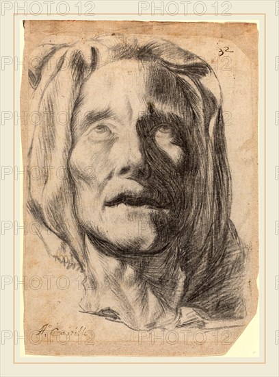 Antonio del Castillo (Spanish, probably 1613-1668), Head of an Elderly Woman with Upturned Eyes, black chalk on laid paper