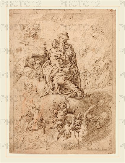Vicente Salvador GÃ³mez (Spanish, 1637-c. 1680), The Madonna of the Rosary, 1674, pen and brown ink on laid paper
