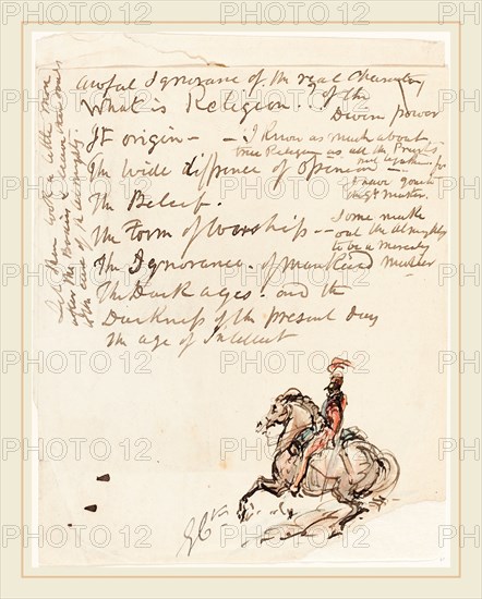George Cruikshank, British (1792-1878), Sketch of Mounted Hussar, pen and ink with red, blue, and brown wash on two overlapped, joined sheets from a letter