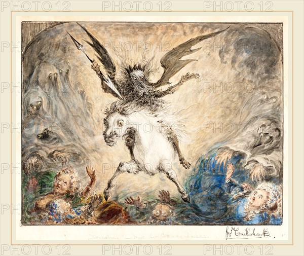 George Cruikshank, British (1792-1878), "Crinolina"-and the Consequences [recto], 1865, pen and black ink with watercolor and scratching-out (around the ghosts' eyes on the right) on wove paper
