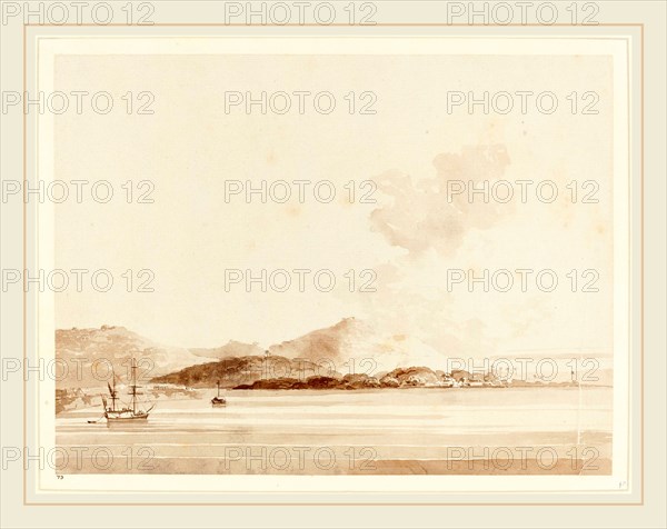 William Daniell, British (1769-1837), A View in India, 1788, brown wash over graphite on laid paper